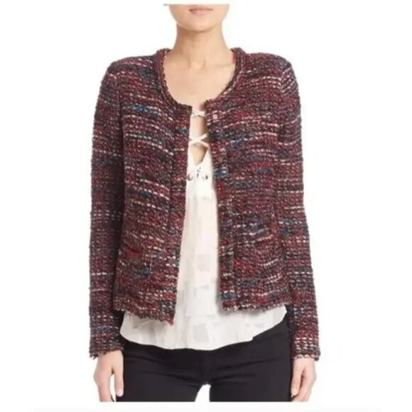 IRO Carene Tweed Jacket Blazer Knit Knotted Boucle Red Black Wool Blend Size 10 - Picture 4 of 5